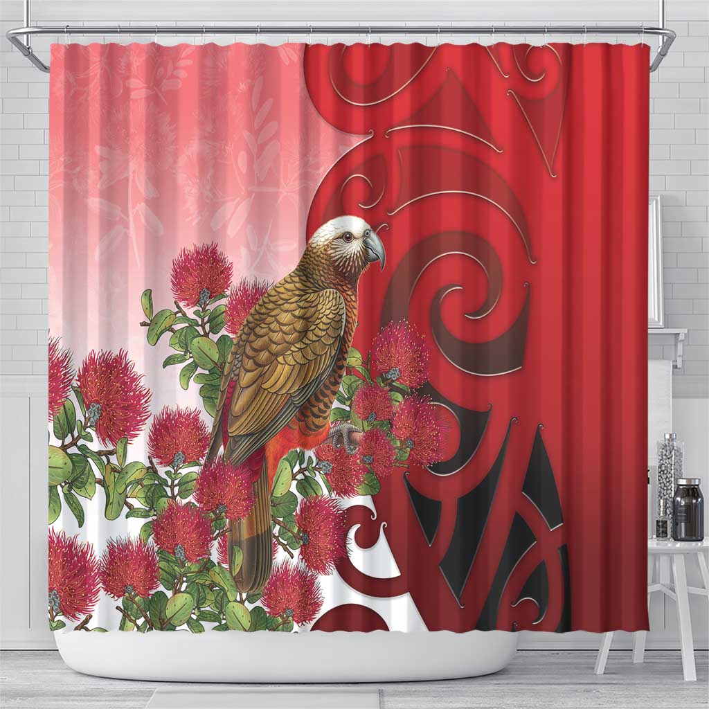 New Zealand Parrot Kaka Shower Curtain Maori Koru With Pohutukawa Flowers - Polynesian Pride