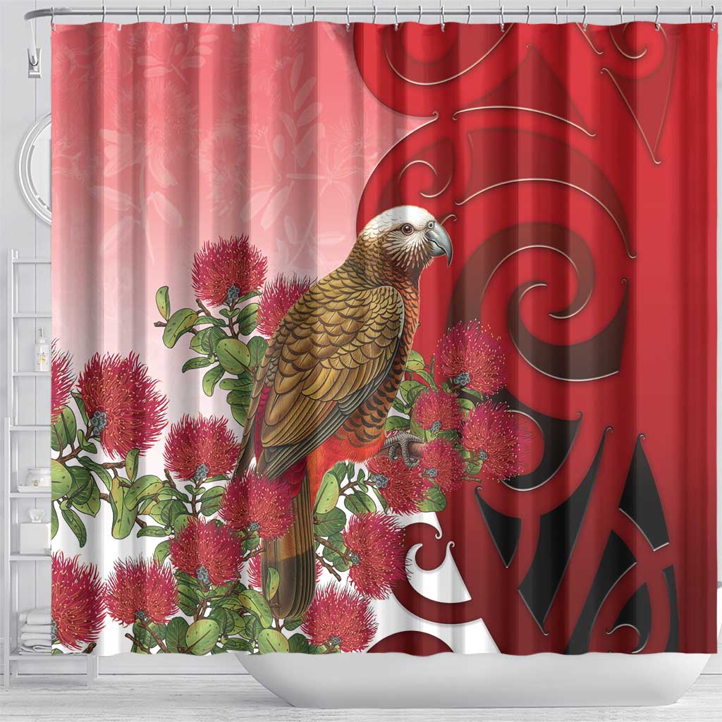 New Zealand Parrot Kaka Shower Curtain Maori Koru With Pohutukawa Flowers - Polynesian Pride