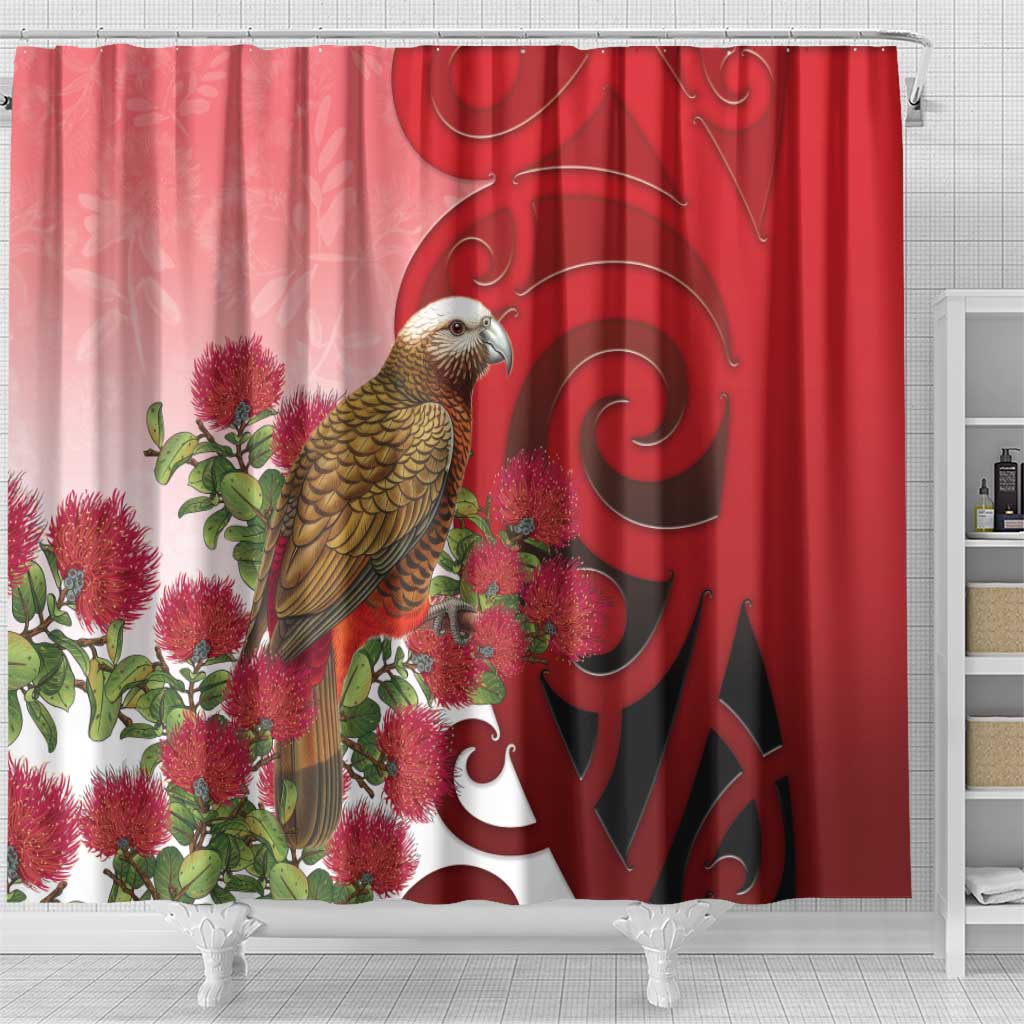 New Zealand Parrot Kaka Shower Curtain Maori Koru With Pohutukawa Flowers - Polynesian Pride