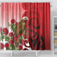 New Zealand Parrot Kaka Shower Curtain Maori Koru With Pohutukawa Flowers - Polynesian Pride
