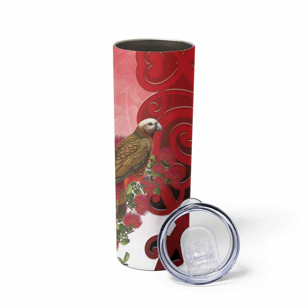 New Zealand Parrot Kaka Skinny Tumbler Maori Koru With Pohutukawa Flowers - Polynesian Pride