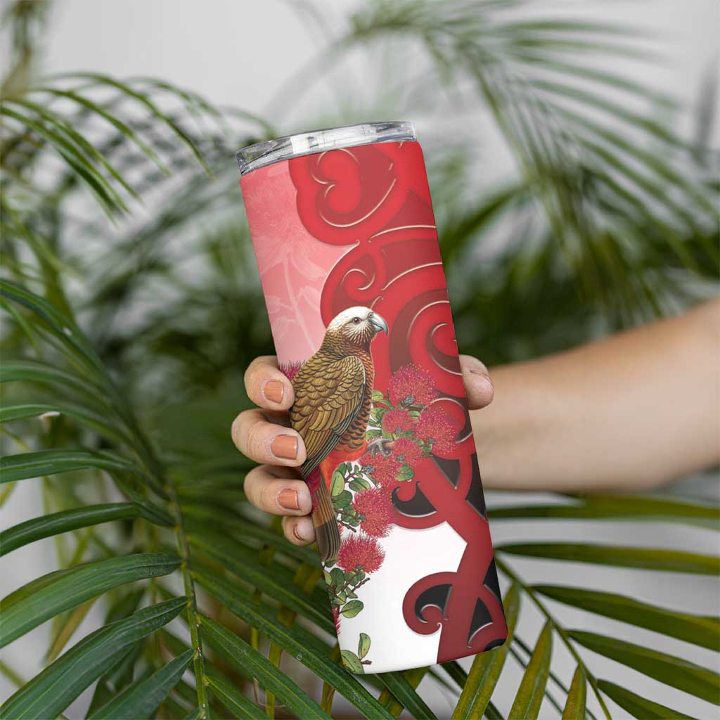 New Zealand Parrot Kaka Skinny Tumbler Maori Koru With Pohutukawa Flowers - Polynesian Pride