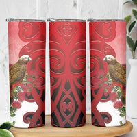 New Zealand Parrot Kaka Skinny Tumbler Maori Koru With Pohutukawa Flowers - Polynesian Pride