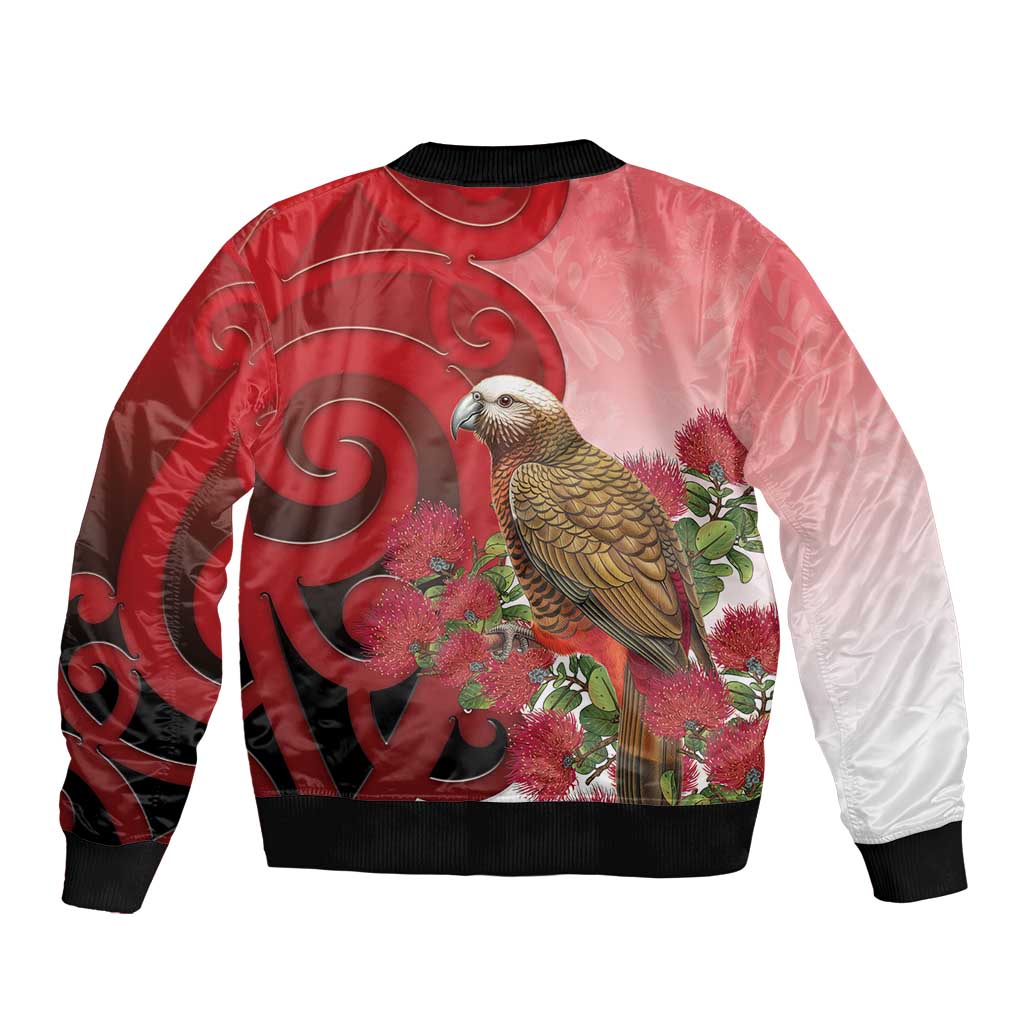 New Zealand Parrot Kaka Sleeve Zip Bomber Jacket Maori Koru With Pohutukawa Flowers - Polynesian Pride