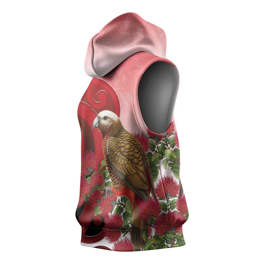 New Zealand Parrot Kaka Sleeveless Hoodie Maori Koru With Pohutukawa Flowers - Polynesian Pride