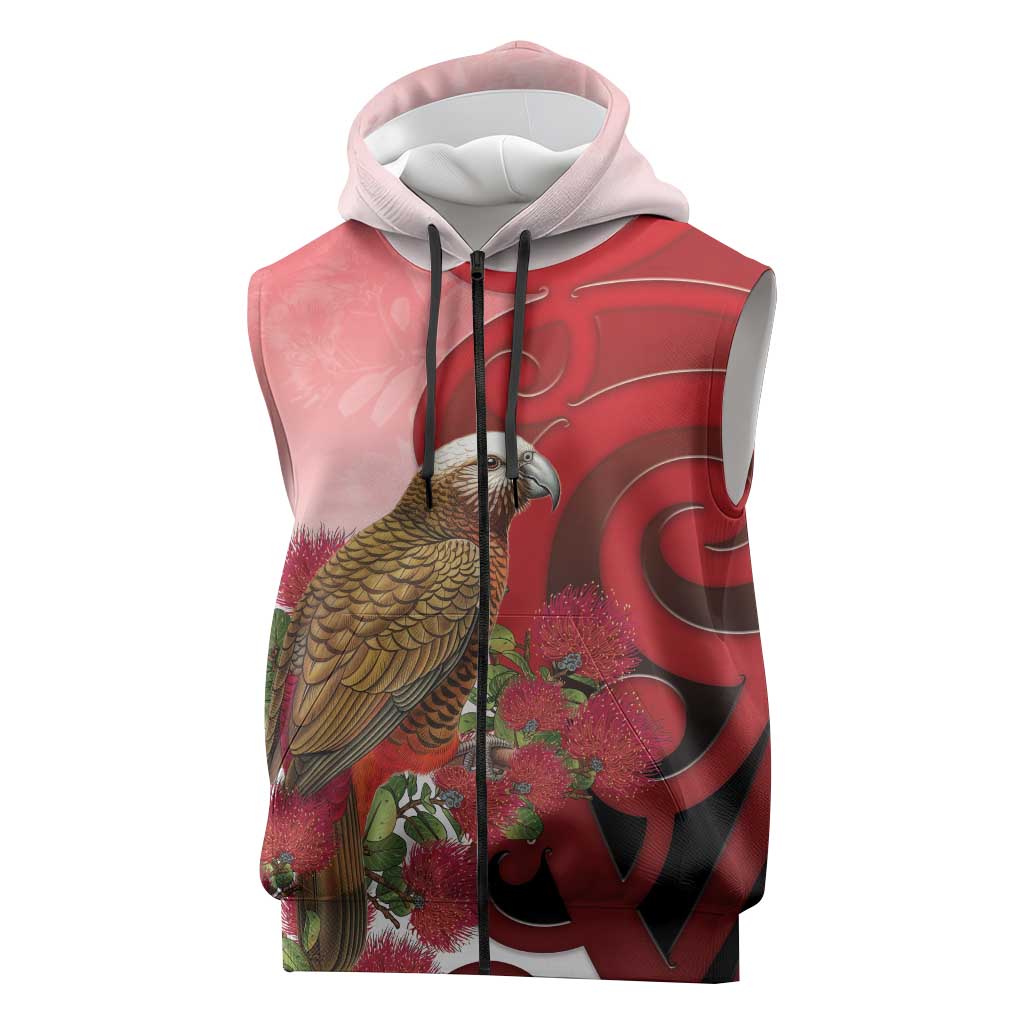 New Zealand Parrot Kaka Sleeveless Zip Hoodie Maori Koru With Pohutukawa Flowers LT05 Red - Polynesian Pride