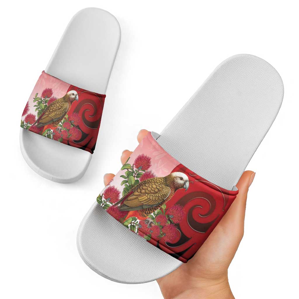 New Zealand Parrot Kaka Slide Sandals Maori Koru With Pohutukawa Flowers - Polynesian Pride