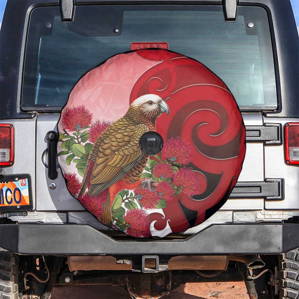 New Zealand Parrot Kaka Spare Tire Cover Maori Koru With Pohutukawa Flowers - Polynesian Pride