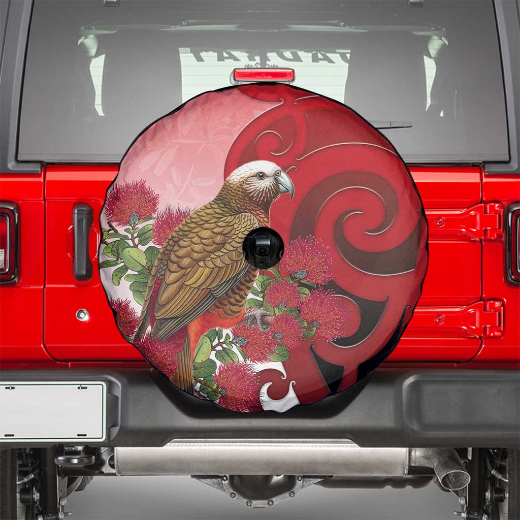 New Zealand Parrot Kaka Spare Tire Cover Maori Koru With Pohutukawa Flowers - Polynesian Pride