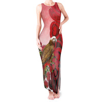 New Zealand Parrot Kaka Tank Maxi Dress Maori Koru With Pohutukawa Flowers - Polynesian Pride