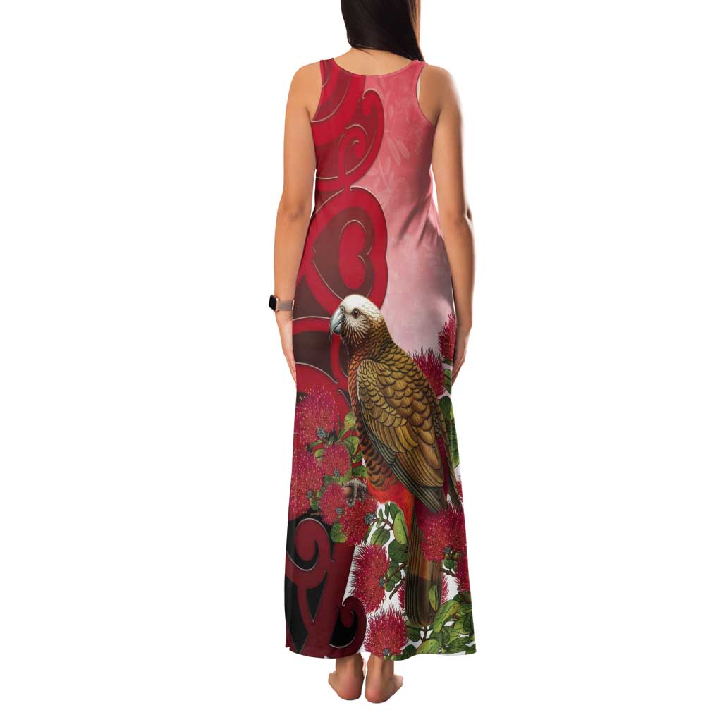 New Zealand Parrot Kaka Tank Maxi Dress Maori Koru With Pohutukawa Flowers - Polynesian Pride