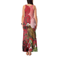 New Zealand Parrot Kaka Tank Maxi Dress Maori Koru With Pohutukawa Flowers - Polynesian Pride