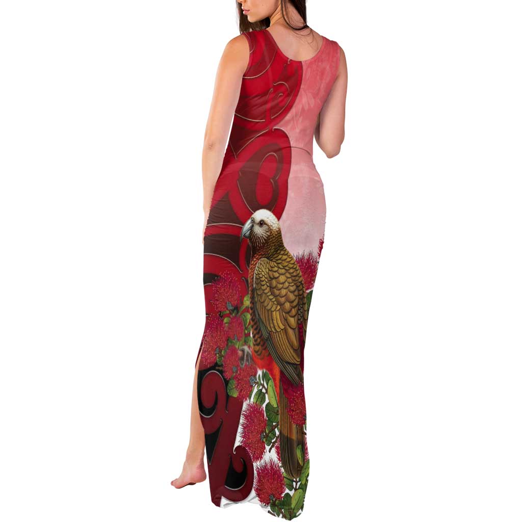 New Zealand Parrot Kaka Tank Maxi Dress Maori Koru With Pohutukawa Flowers - Polynesian Pride
