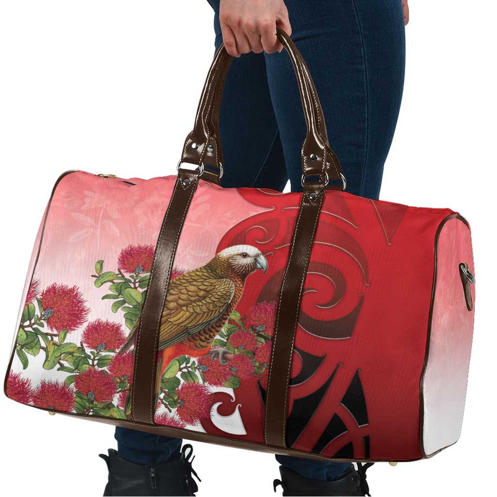 New Zealand Parrot Kaka Travel Bag Maori Koru With Pohutukawa Flowers - Polynesian Pride