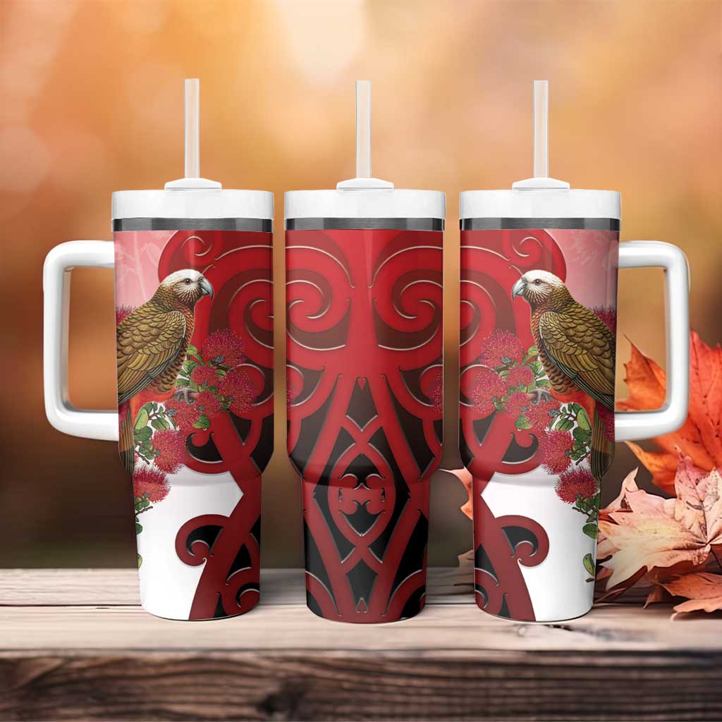 New Zealand Parrot Kaka Tumbler With Handle Maori Koru With Pohutukawa Flowers - Polynesian Pride