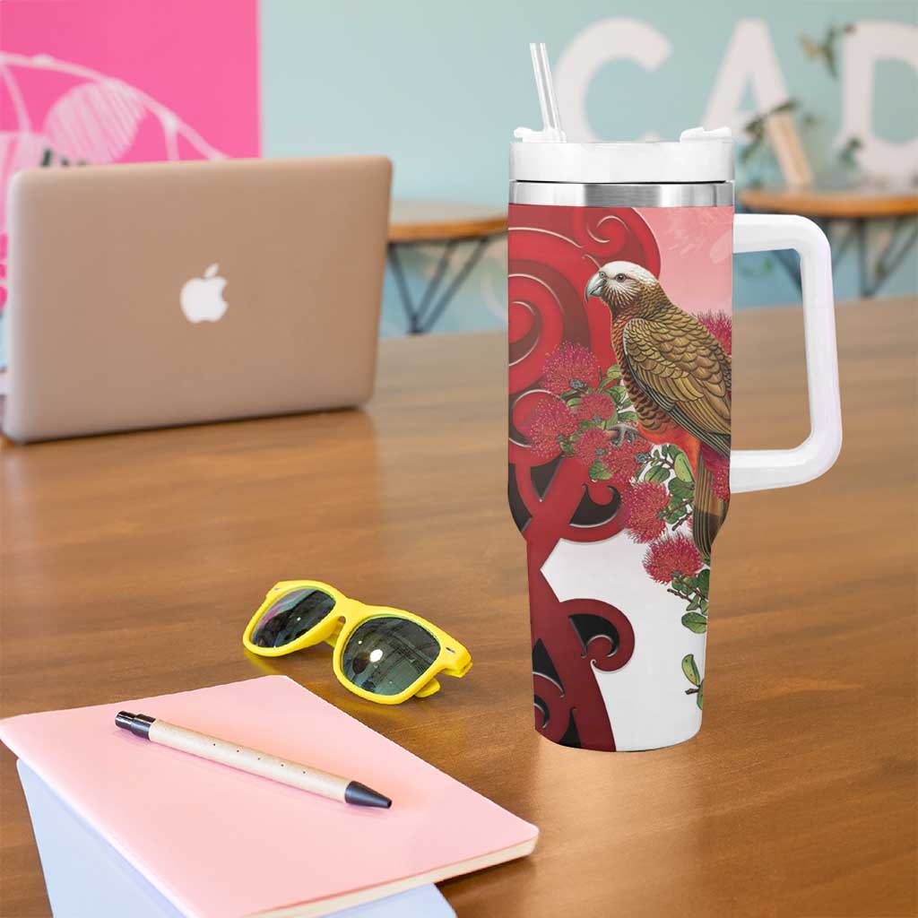 New Zealand Parrot Kaka Tumbler With Handle Maori Koru With Pohutukawa Flowers - Polynesian Pride