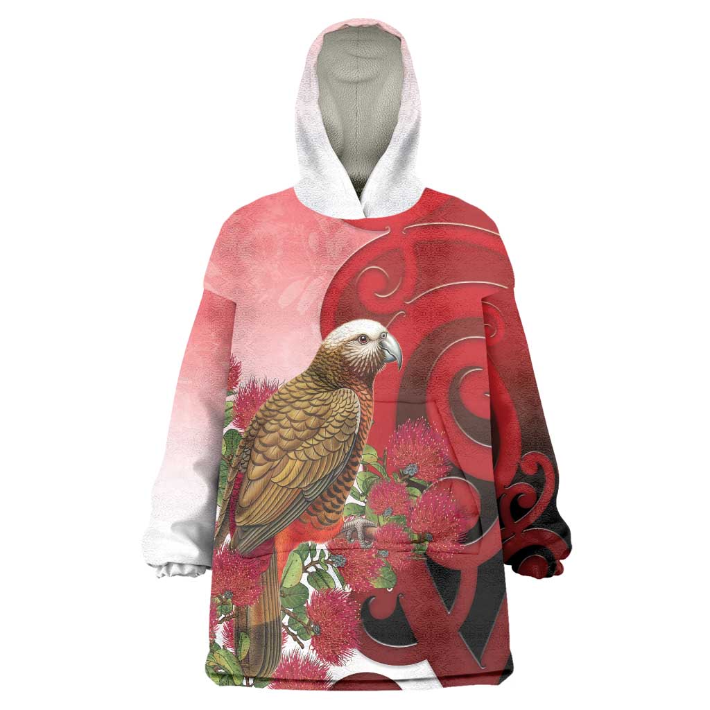 New Zealand Parrot Kaka Wearable Blanket Hoodie Maori Koru With Pohutukawa Flowers - Polynesian Pride