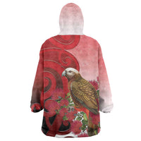 New Zealand Parrot Kaka Wearable Blanket Hoodie Maori Koru With Pohutukawa Flowers - Polynesian Pride