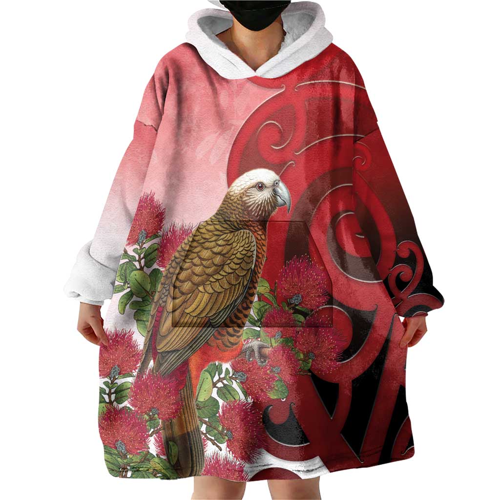New Zealand Parrot Kaka Wearable Blanket Hoodie Maori Koru With Pohutukawa Flowers - Polynesian Pride