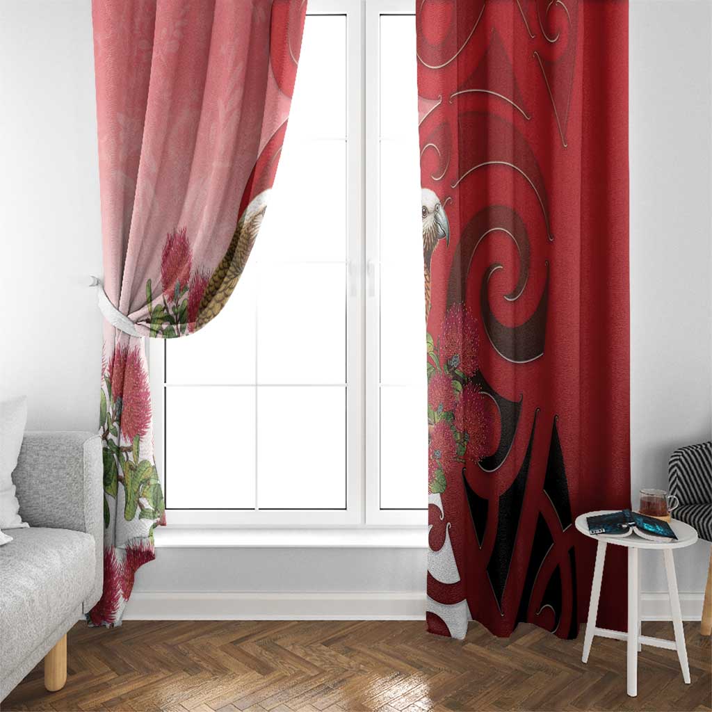 New Zealand Parrot Kaka Window Curtain Maori Koru With Pohutukawa Flowers - Polynesian Pride