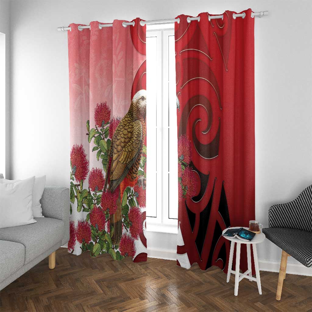 New Zealand Parrot Kaka Window Curtain Maori Koru With Pohutukawa Flowers - Polynesian Pride