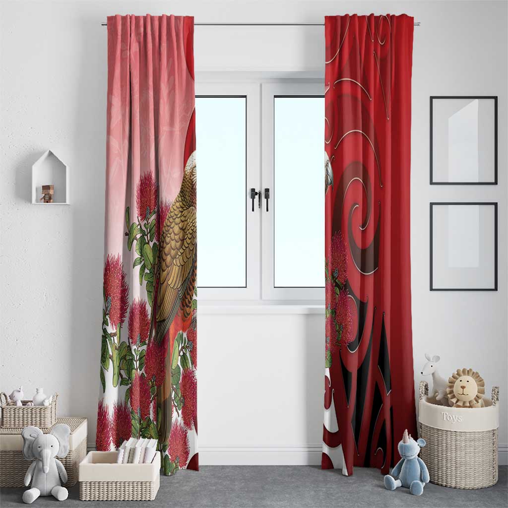 New Zealand Parrot Kaka Window Curtain Maori Koru With Pohutukawa Flowers - Polynesian Pride