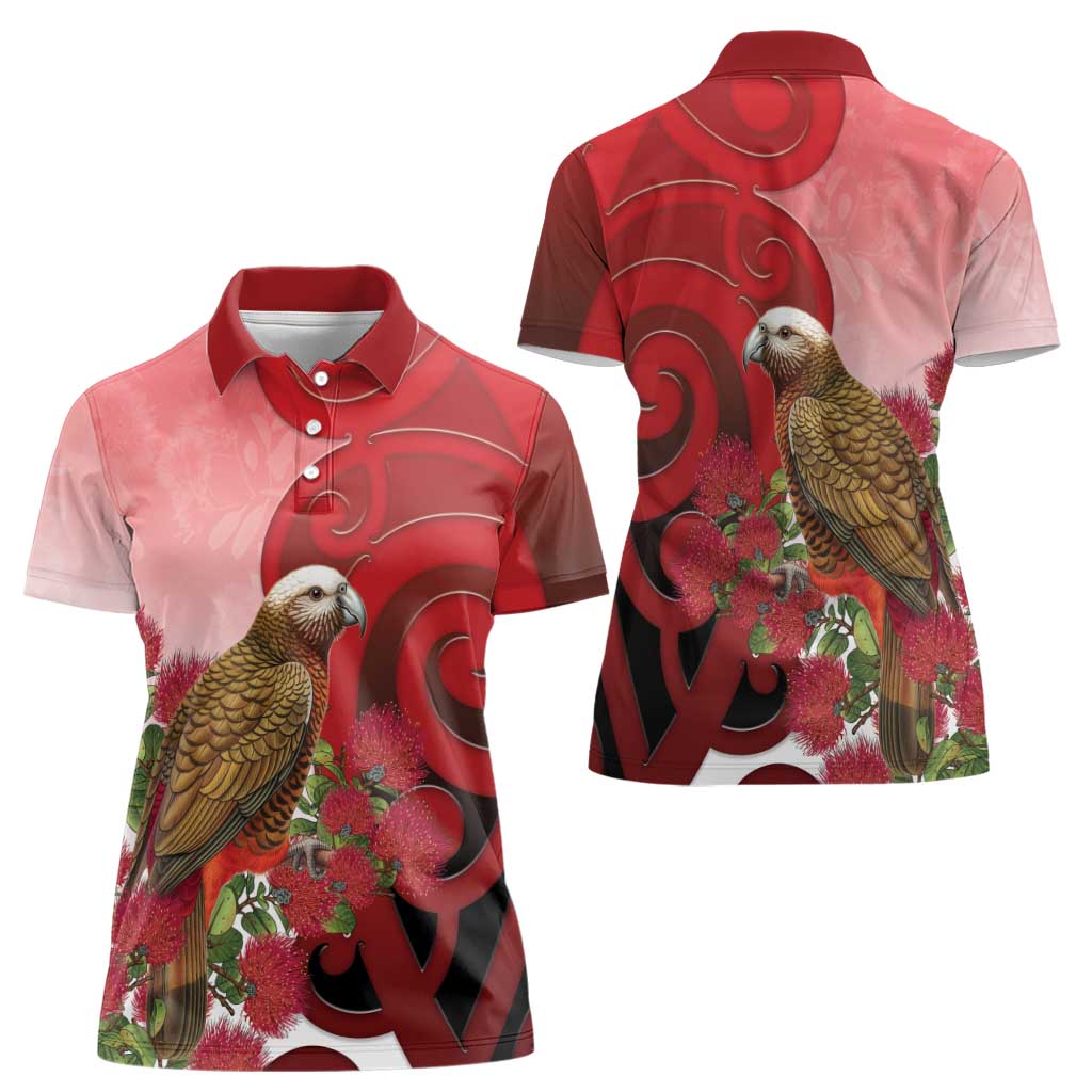 New Zealand Parrot Kaka Women Polo Shirt Maori Koru With Pohutukawa Flowers - Polynesian Pride