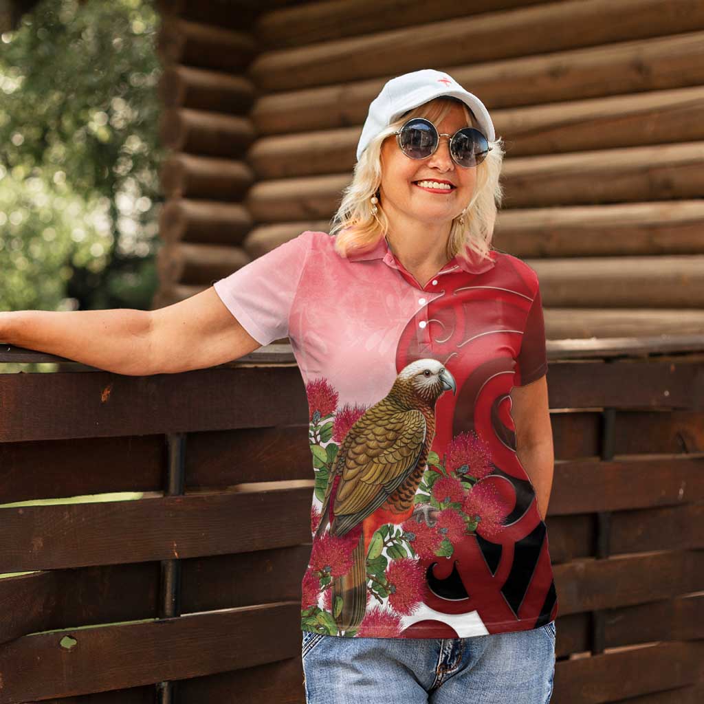New Zealand Parrot Kaka Women Polo Shirt Maori Koru With Pohutukawa Flowers - Polynesian Pride