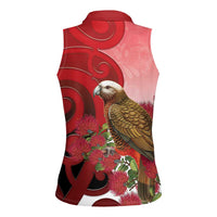New Zealand Parrot Kaka Women Sleeveless Polo Shirt Maori Koru With Pohutukawa Flowers - Polynesian Pride