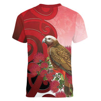 New Zealand Parrot Kaka Women V-Neck T-Shirt Maori Koru With Pohutukawa Flowers - Polynesian Pride