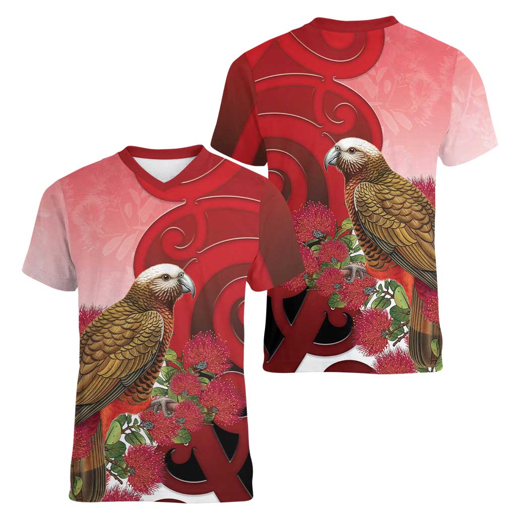 New Zealand Parrot Kaka Women V-Neck T-Shirt Maori Koru With Pohutukawa Flowers - Polynesian Pride