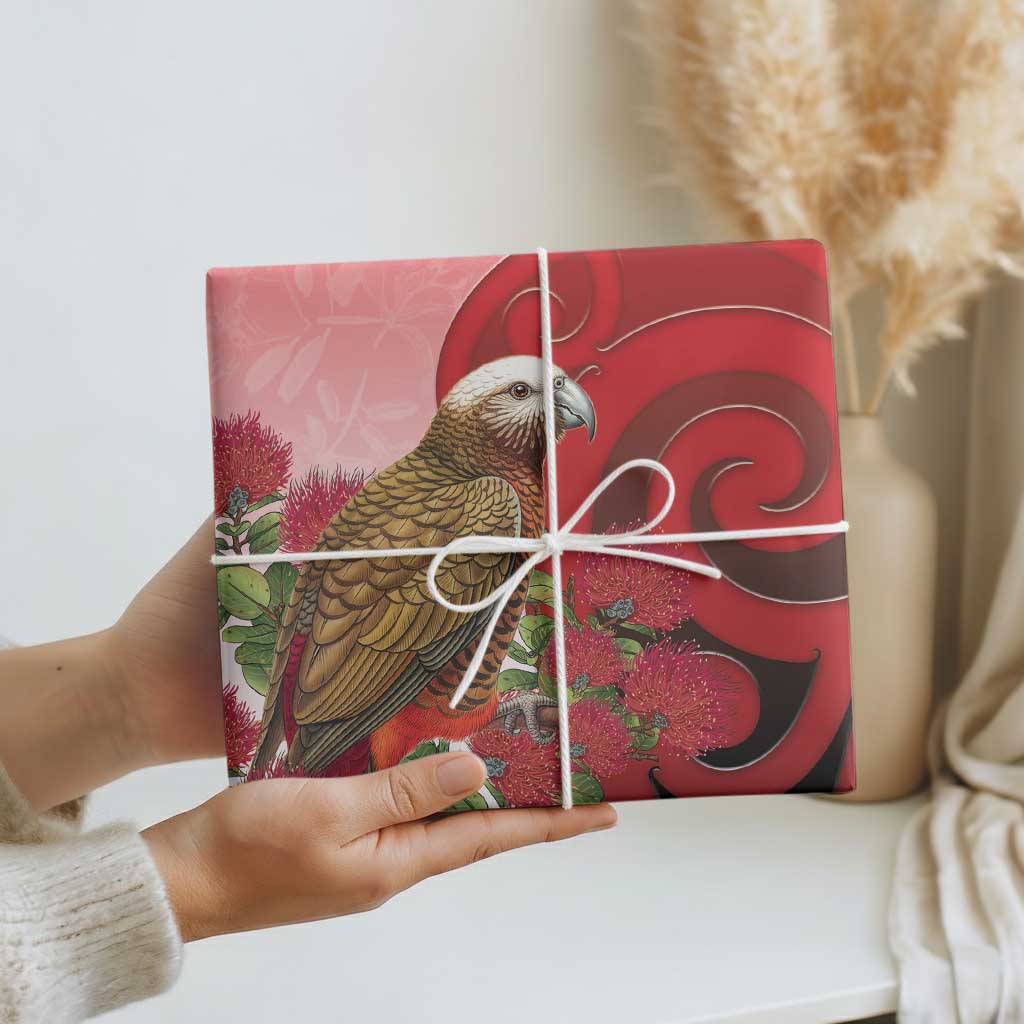 New Zealand Parrot Kaka Wrapping Paper Maori Koru With Pohutukawa Flowers