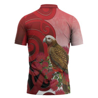 New Zealand Parrot Kaka Zipper Polo Shirt Maori Koru With Pohutukawa Flowers - Polynesian Pride