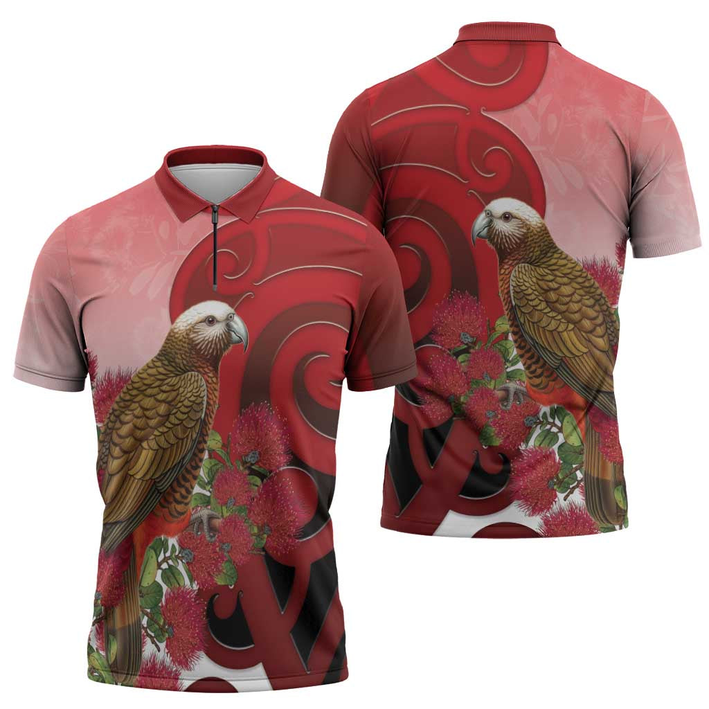 New Zealand Parrot Kaka Zipper Polo Shirt Maori Koru With Pohutukawa Flowers - Polynesian Pride
