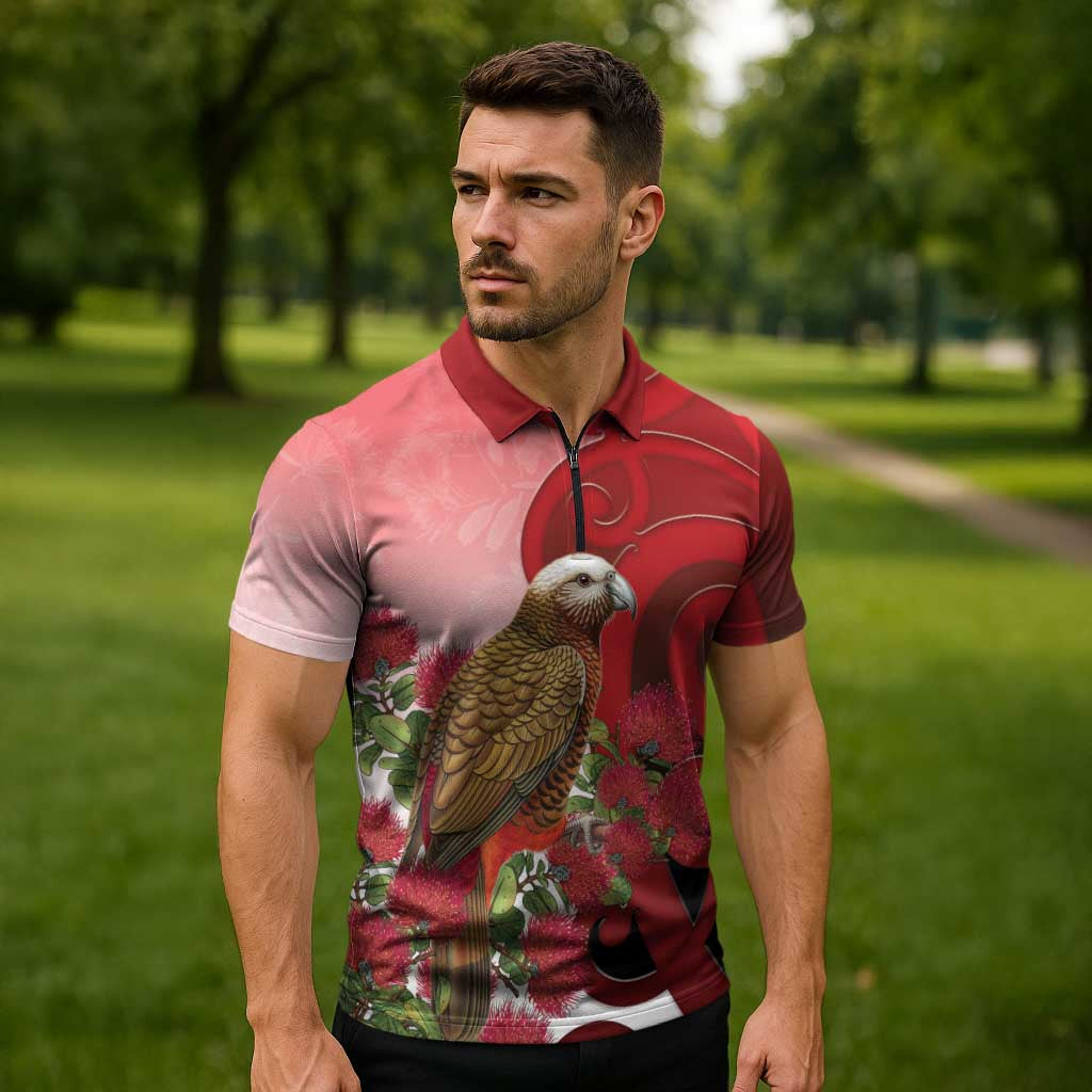 New Zealand Parrot Kaka Zipper Polo Shirt Maori Koru With Pohutukawa Flowers - Polynesian Pride