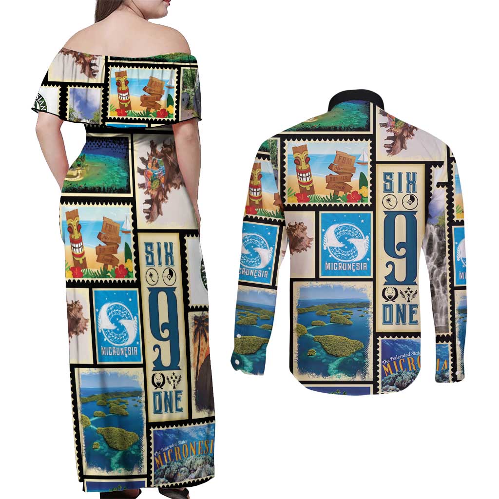 FSM Micronesia Culture Couples Matching Off Shoulder Maxi Dress and Long Sleeve Button Shirt LT05 - Polynesian Pride