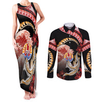 Personalised French Polynesia Victory Day Couples Matching Tank Maxi Dress and Long Sleeve Button Shirt Polynesian Pattern Plumeria LT05 Black - Polynesian Pride