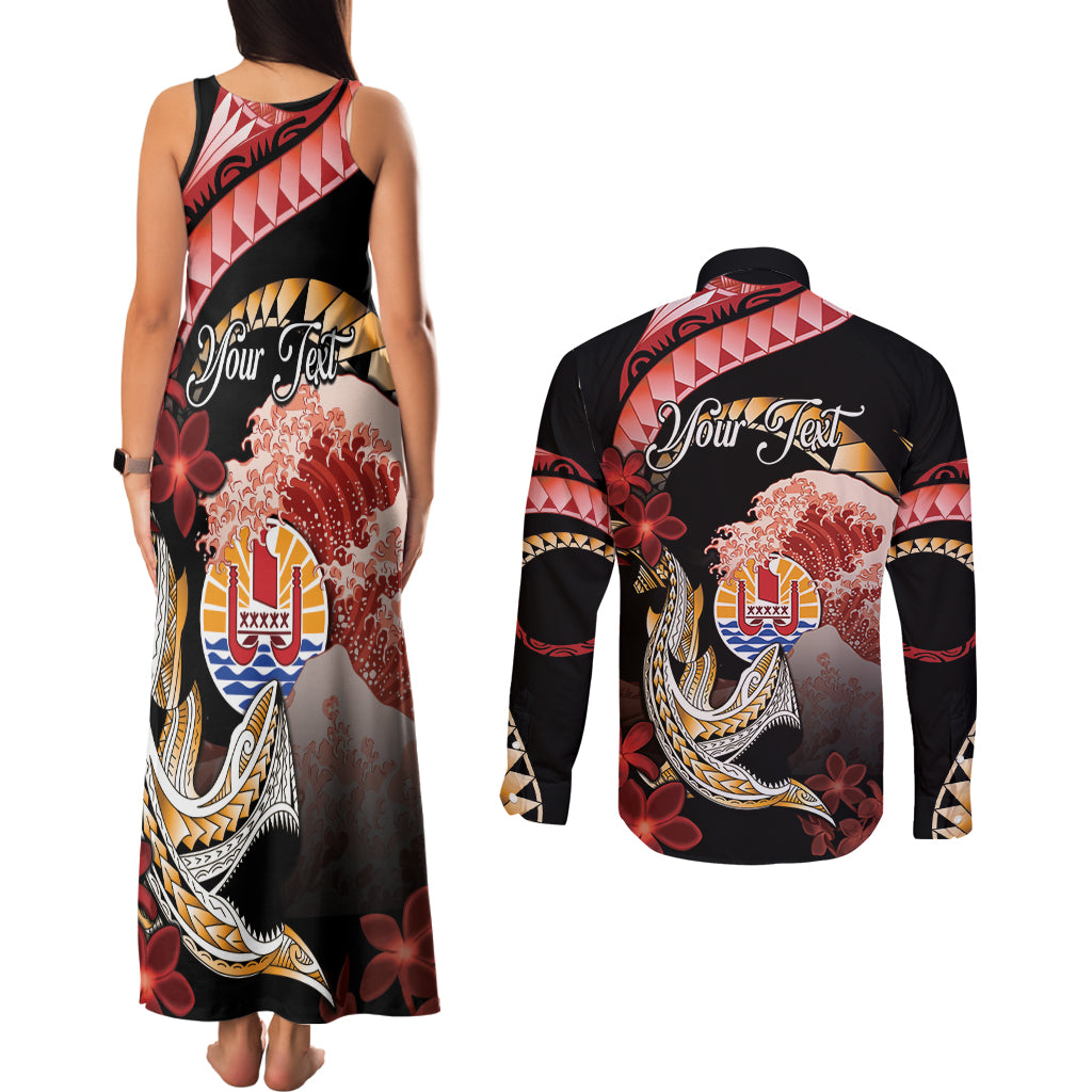 Personalised French Polynesia Victory Day Couples Matching Tank Maxi Dress and Long Sleeve Button Shirt Polynesian Pattern Plumeria LT05 - Polynesian Pride