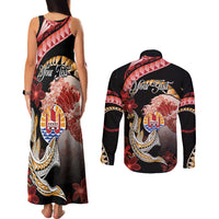 Personalised French Polynesia Victory Day Couples Matching Tank Maxi Dress and Long Sleeve Button Shirt Polynesian Pattern Plumeria LT05 - Polynesian Pride