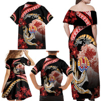 Personalised French Polynesia Victory Day Family Matching Off Shoulder Maxi Dress and Hawaiian Shirt Polynesian Pattern Plumeria