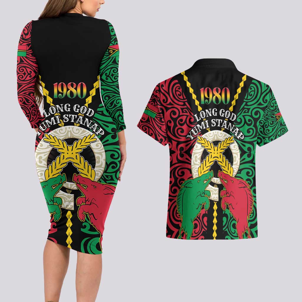 Vanuatu 45th Independence Day Couples Matching Long Sleeve Bodycon Dress and Hawaiian Shirt Long God Yumi Stanap Wild Boar LT05