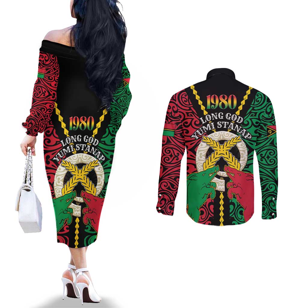 Vanuatu 45th Independence Day Couples Matching Off The Shoulder Long Sleeve Dress and Long Sleeve Button Shirt Long God Yumi Stanap Wild Boar LT05