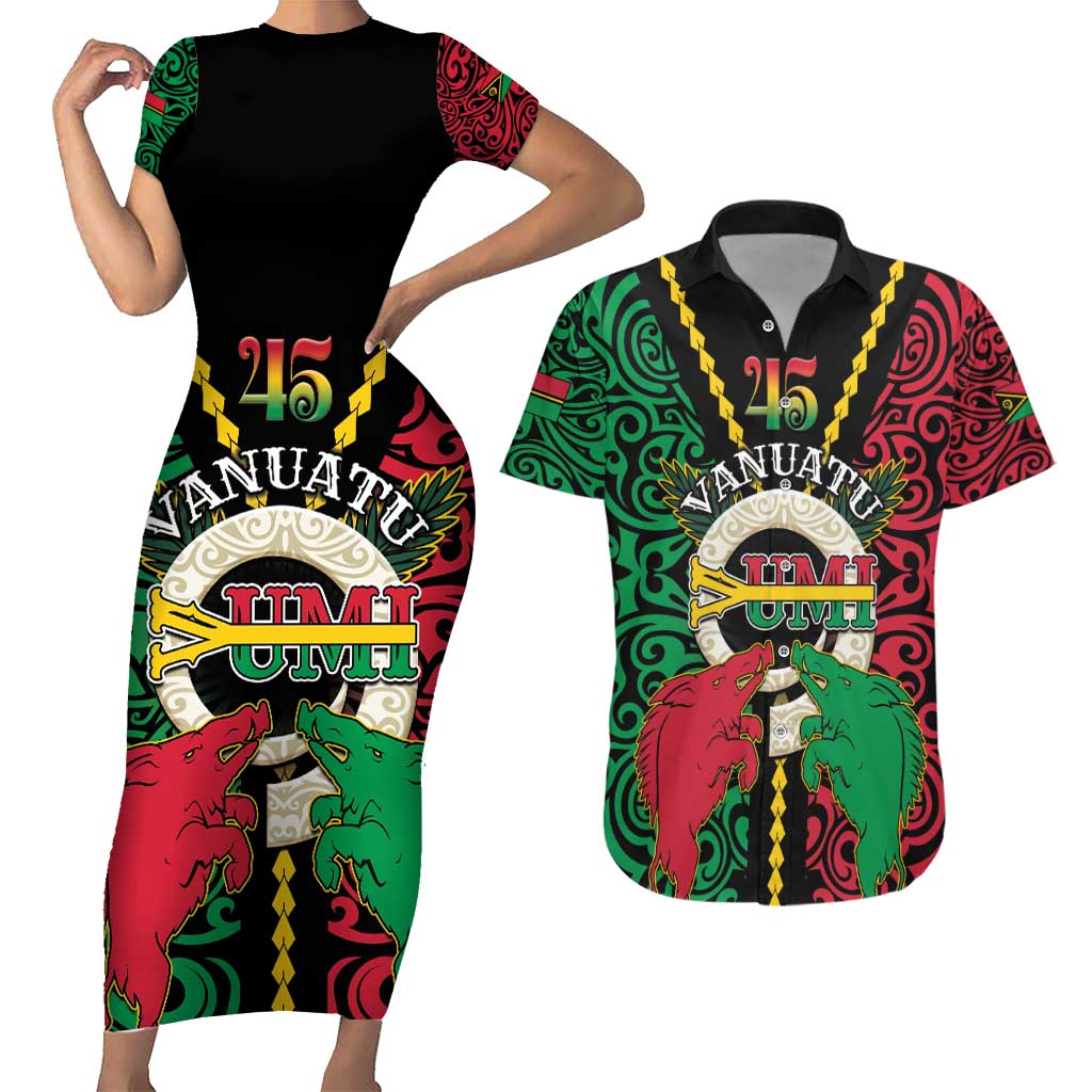 Vanuatu 45th Independence Day Couples Matching Short Sleeve Bodycon Dress and Hawaiian Shirt Long God Yumi Stanap Wild Boar LT05