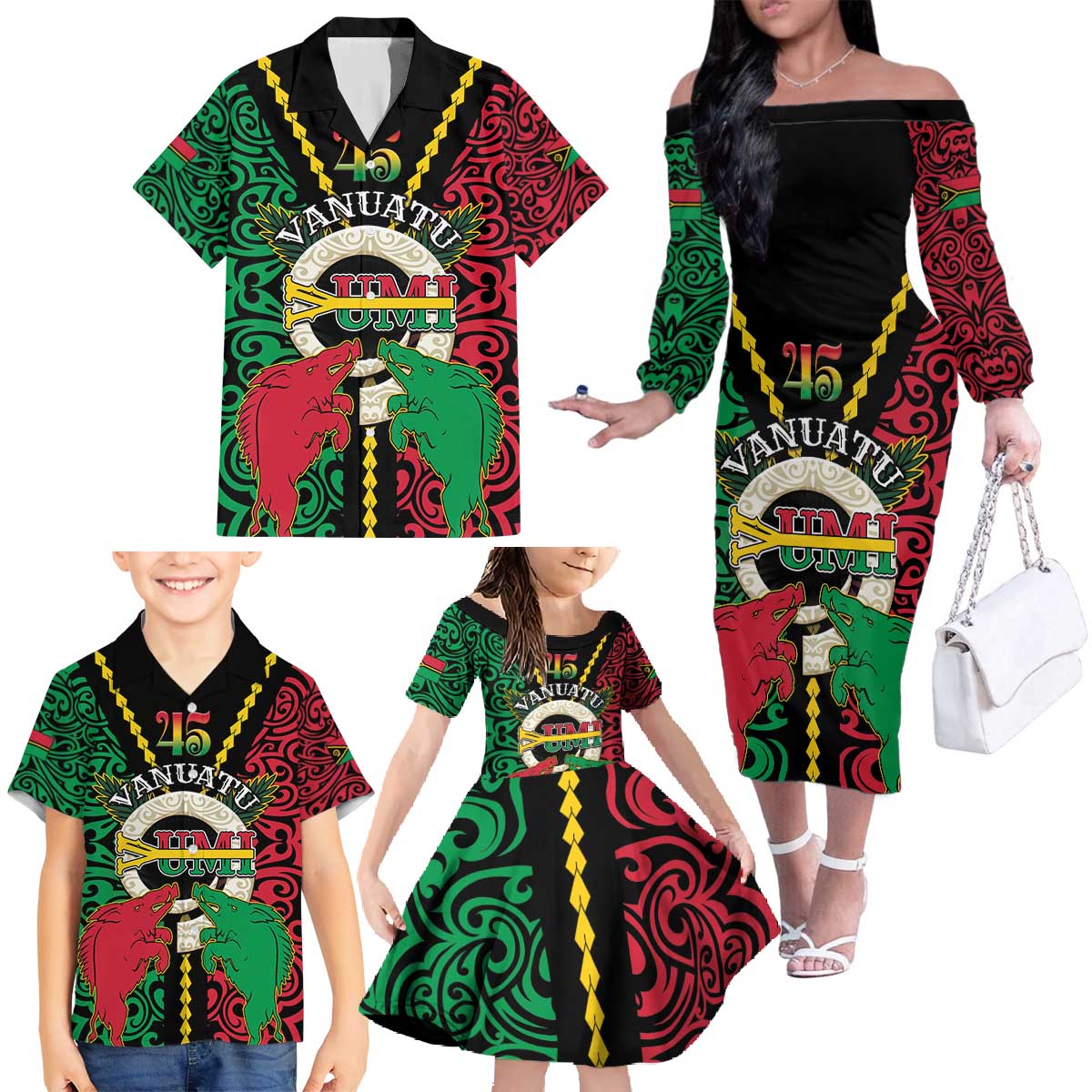 Vanuatu 45th Independence Day Family Matching Off The Shoulder Long Sleeve Dress and Hawaiian Shirt Long God Yumi Stanap Wild Boar LT05