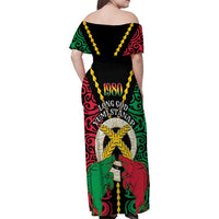 Vanuatu 45th Independence Day Family Matching Off Shoulder Maxi Dress and Hawaiian Shirt Long God Yumi Stanap Wild Boar LT05