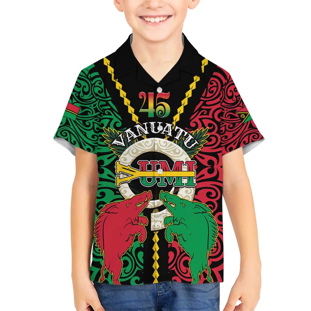 Vanuatu 45th Independence Day Family Matching Off Shoulder Short Dress and Hawaiian Shirt Long God Yumi Stanap Wild Boar LT05