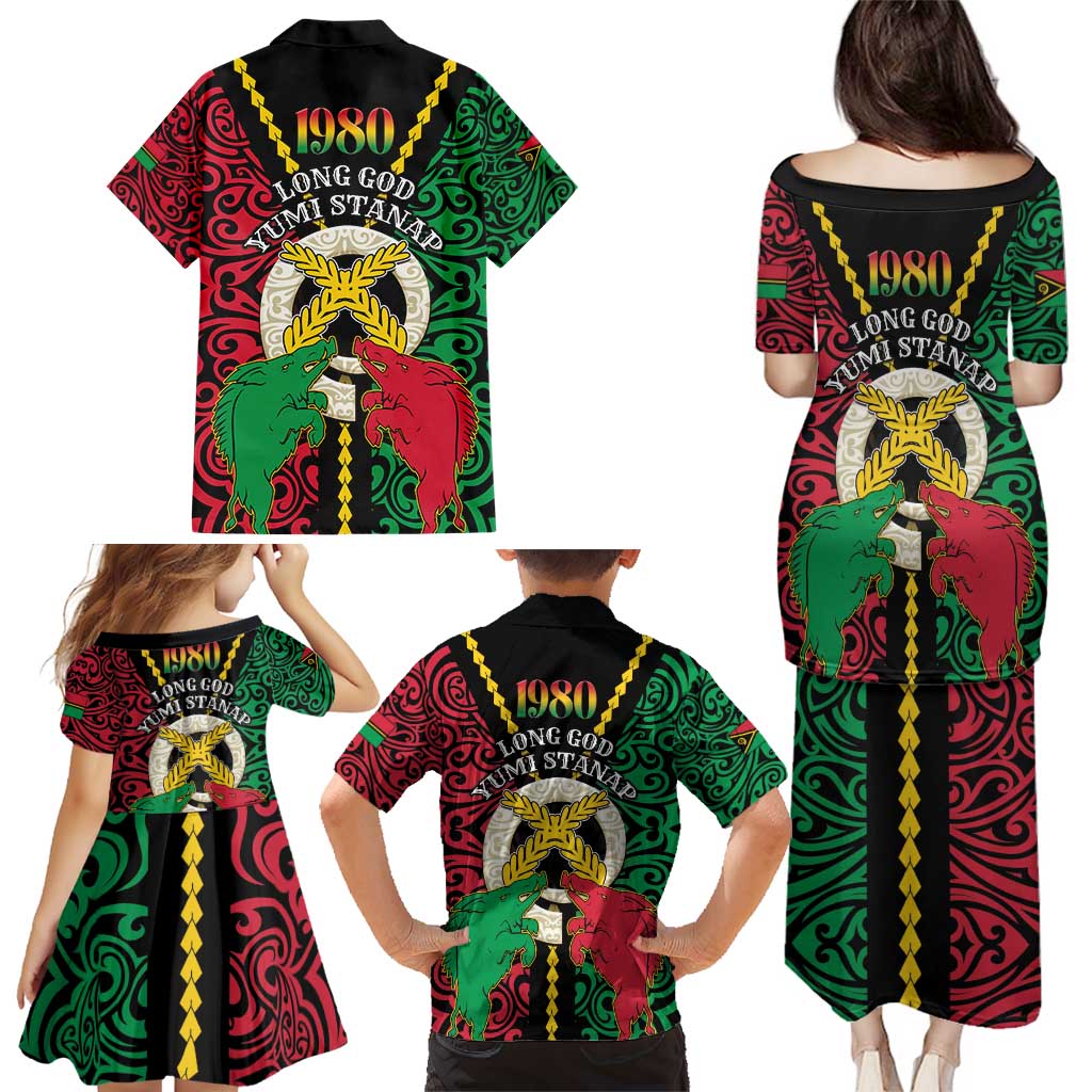 Vanuatu 45th Independence Day Family Matching Puletasi and Hawaiian Shirt Long God Yumi Stanap Wild Boar LT05