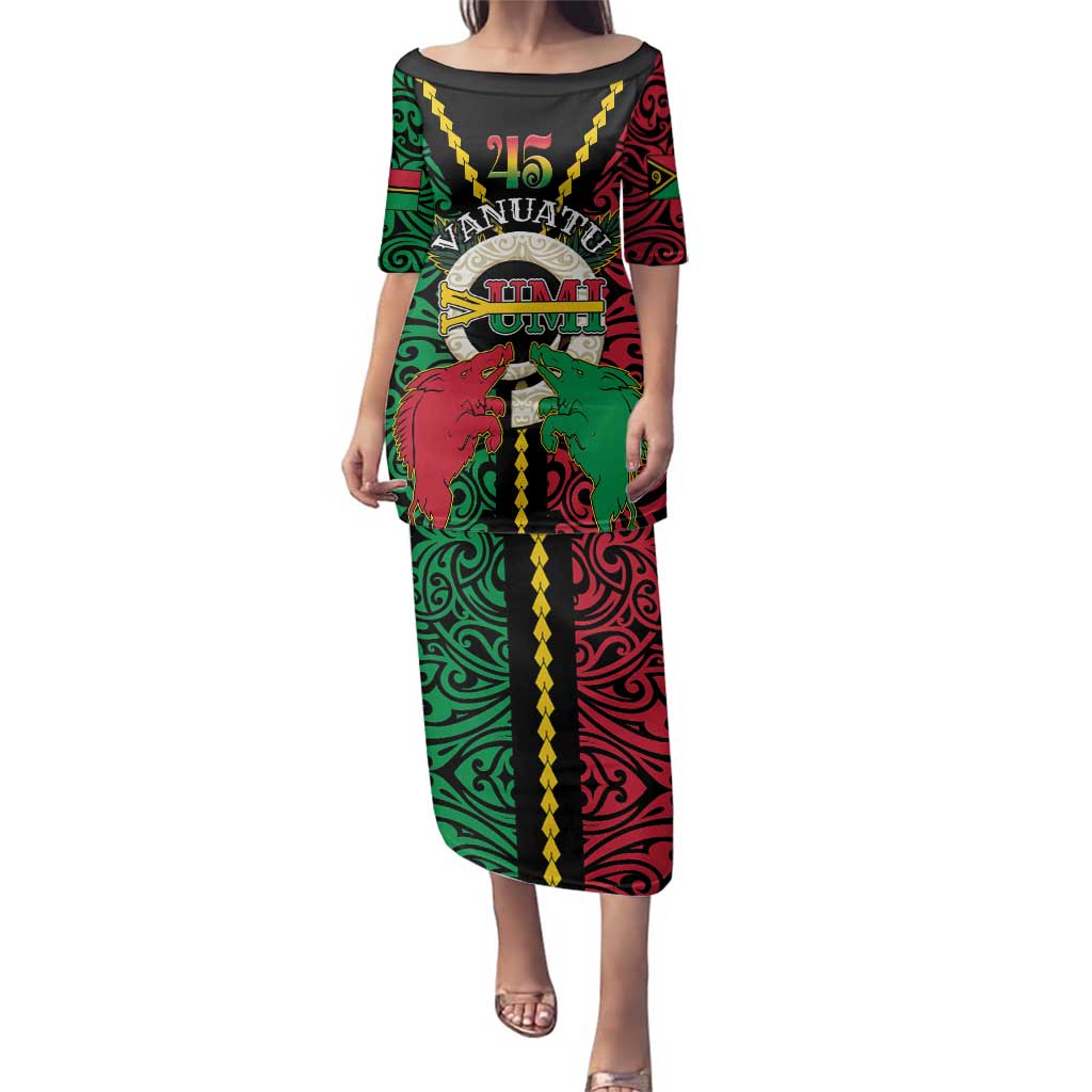 Vanuatu 45th Independence Day Family Matching Puletasi and Hawaiian Shirt Long God Yumi Stanap Wild Boar LT05