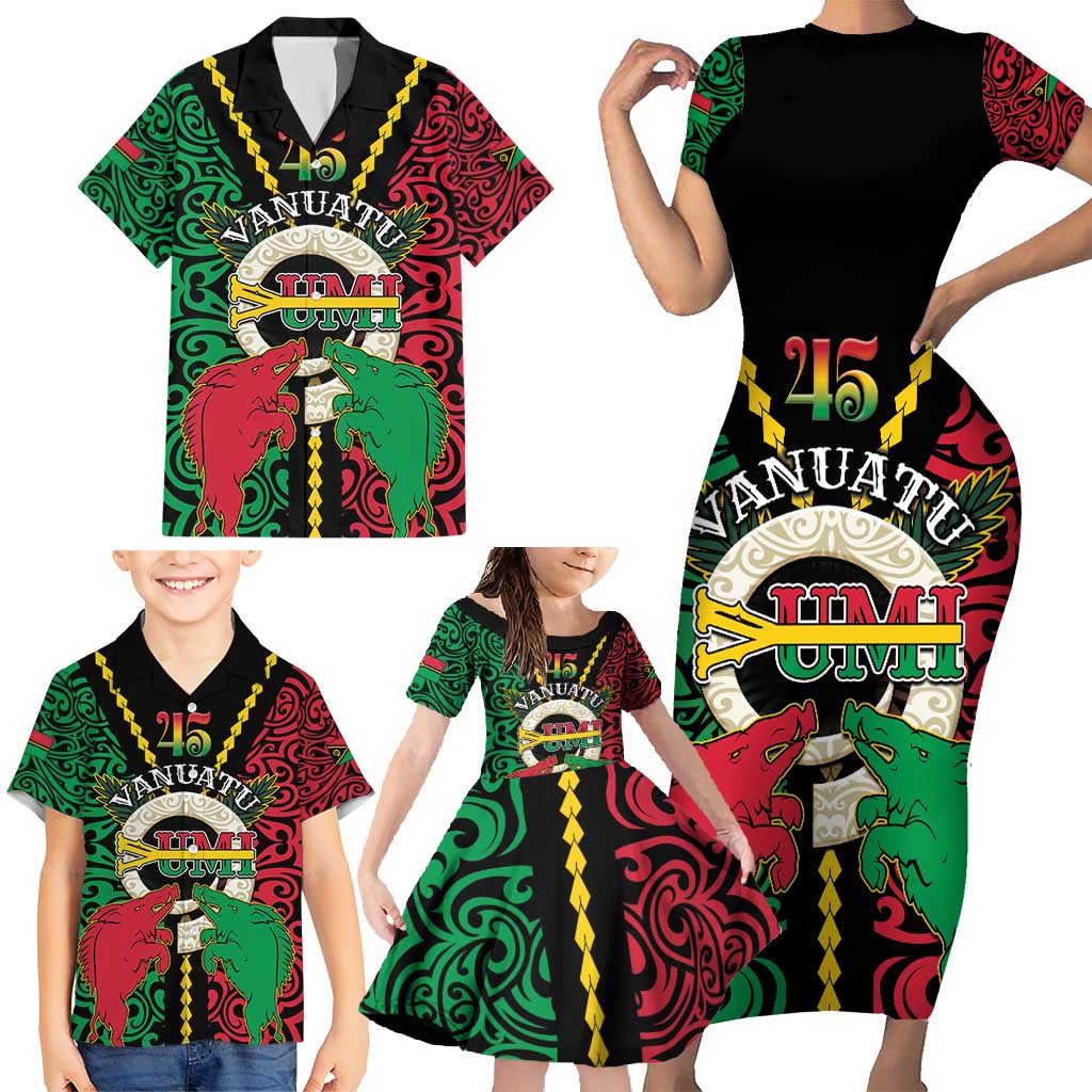 Vanuatu 45th Independence Day Family Matching Short Sleeve Bodycon Dress and Hawaiian Shirt Long God Yumi Stanap Wild Boar LT05