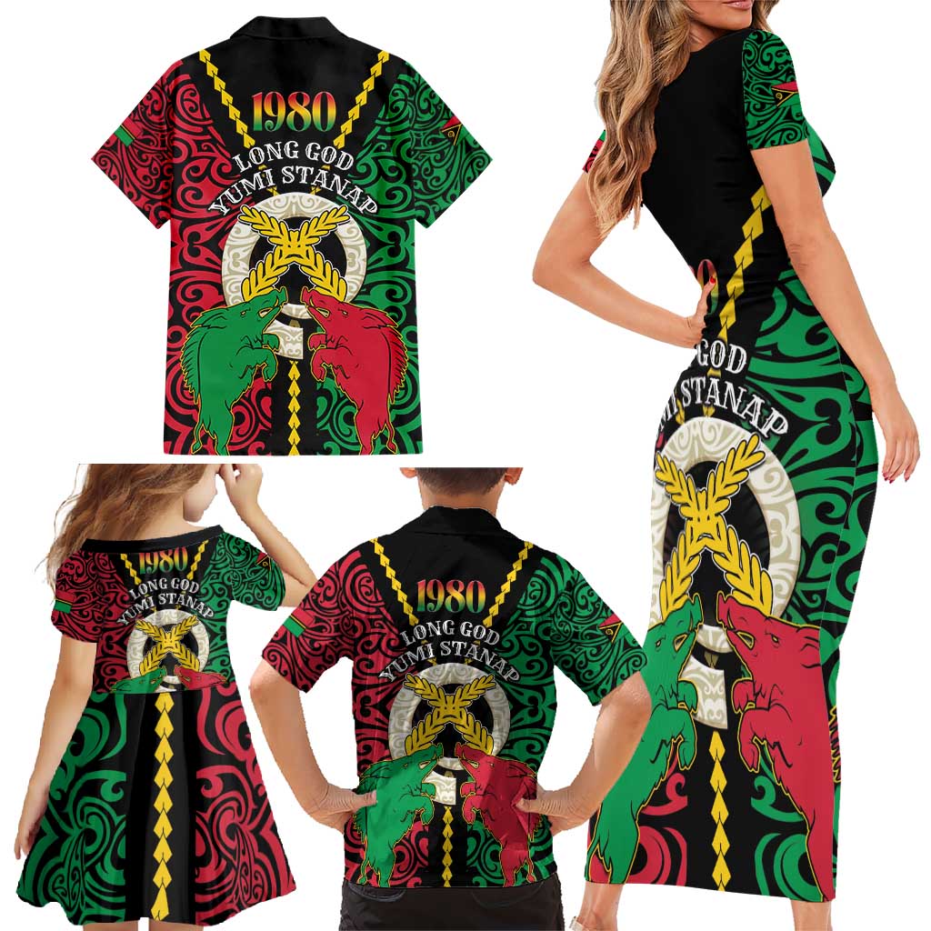 Vanuatu 45th Independence Day Family Matching Short Sleeve Bodycon Dress and Hawaiian Shirt Long God Yumi Stanap Wild Boar LT05